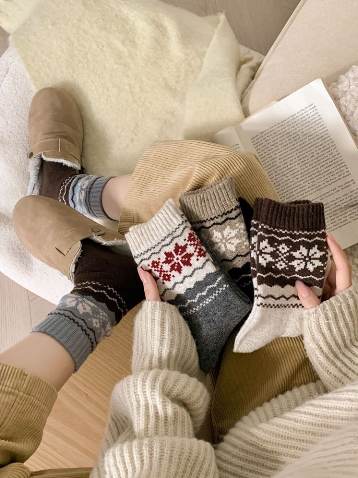 Retro Fair Isle Knit Thermal Crew Socks