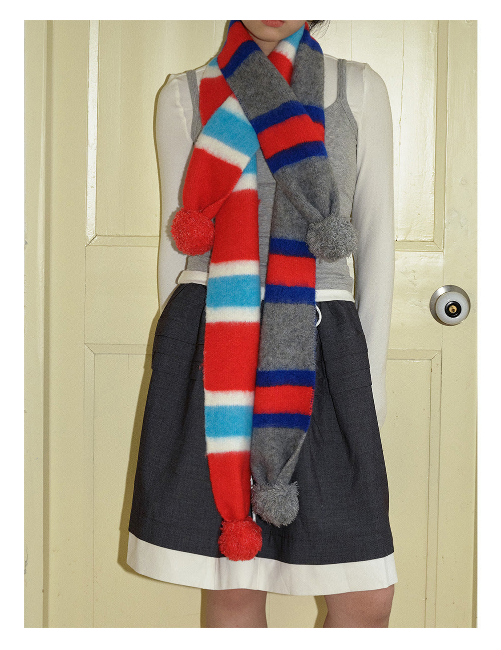 Cute Knit Striped Scarf with Pom Pom