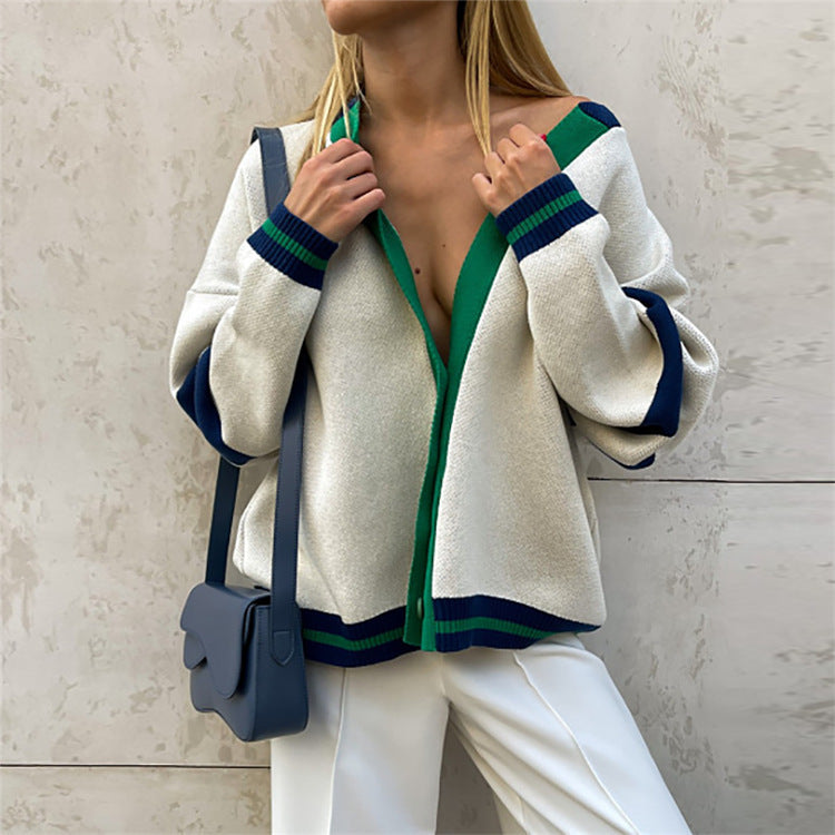 Trendy Color Contrast Striped Knit Cardigan