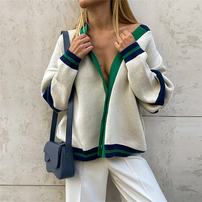 Trendy Color Contrast Striped Knit Cardigan