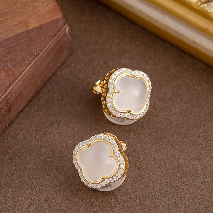 Elegant Gold Clover Clip-On Earrings With Rhinestones