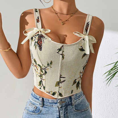 French Bow Tie Floral Print Shaping Tank Top For Women