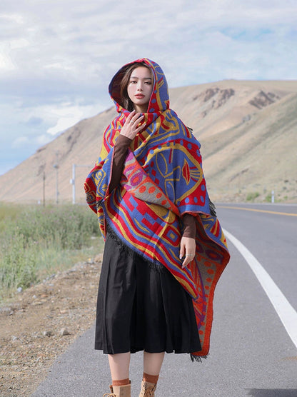Autumn And Winter Ethnic Bohemian Warm Big Shawl Hooded Cape Scarf