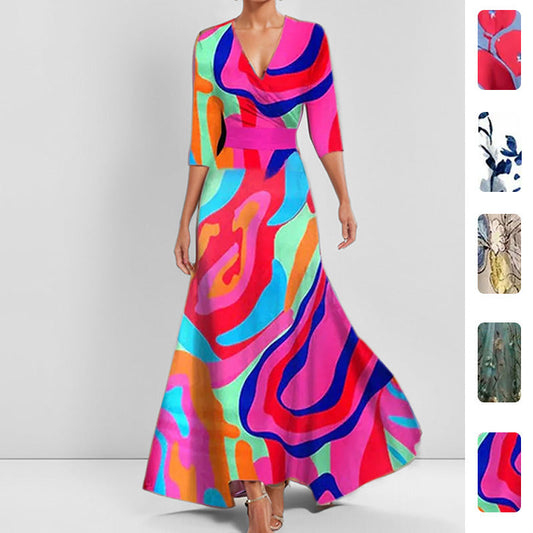 Elegant V-Neck Floral Print Midi Dress