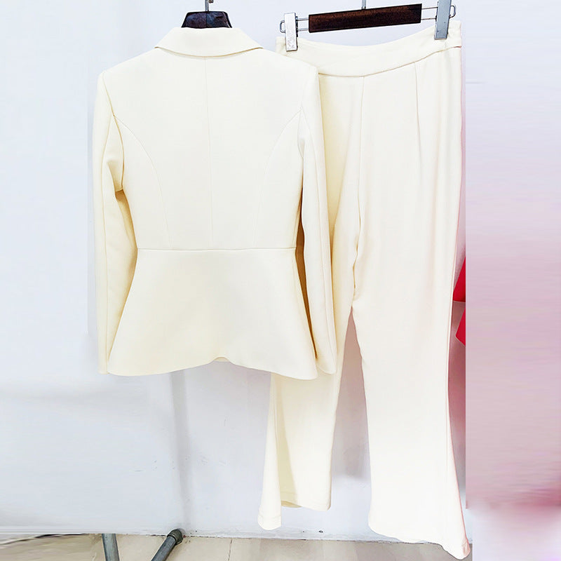 Cream Buttoned Blazer Pantsuit Set