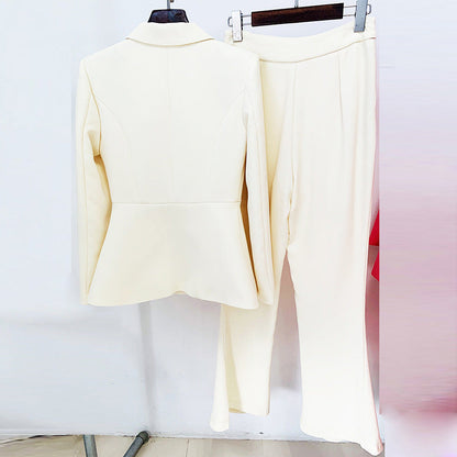 Cream Buttoned Blazer Pantsuit Set