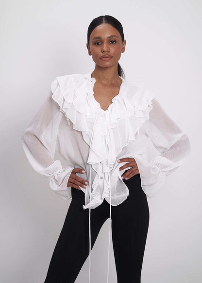 Sheer Chiffon Blouse With Ruffled Bell Sleeves