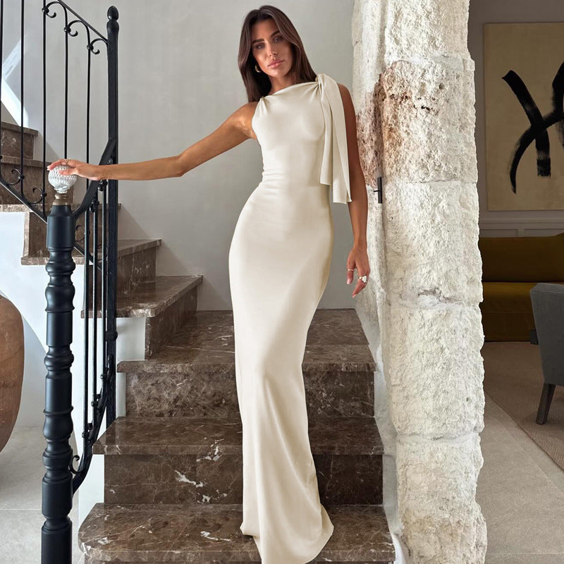 Fashionable Solid Color One-Shoulder Dress with Shoulder Tie