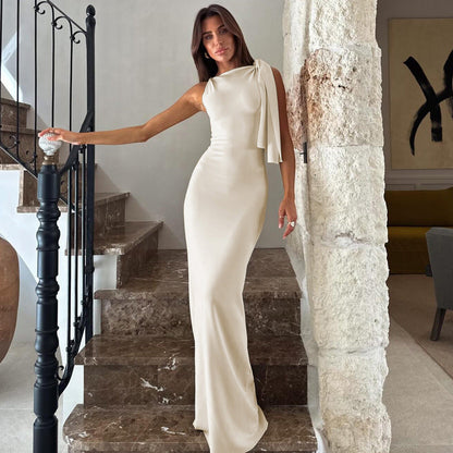 Fashionable Solid Color One-Shoulder Dress with Shoulder Tie