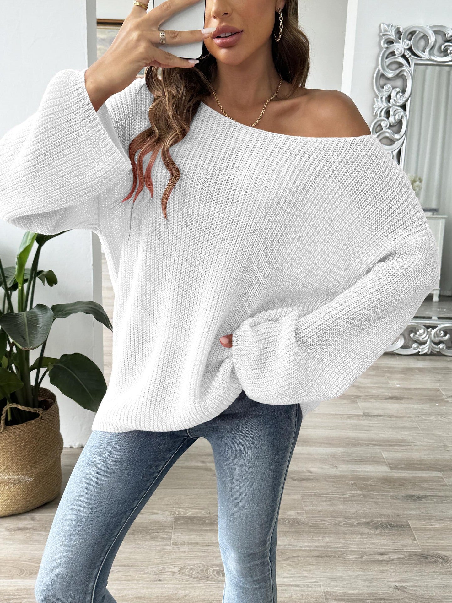 Women'S Off-Shoulder Pullover Sweater With Flare Sleeves