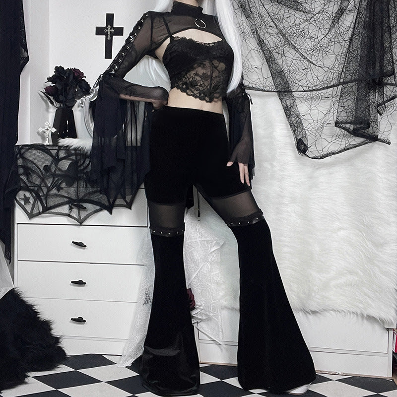High-Waisted Flared Pants with Mesh Panels for Trendy Casual Look