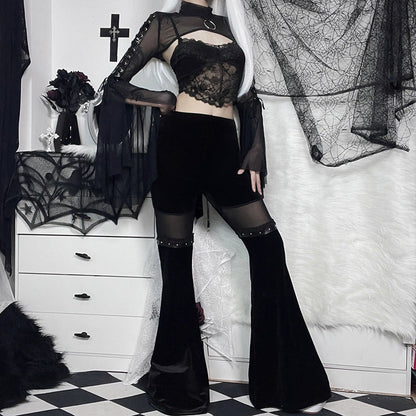 High-Waisted Flared Pants with Mesh Panels for Trendy Casual Look