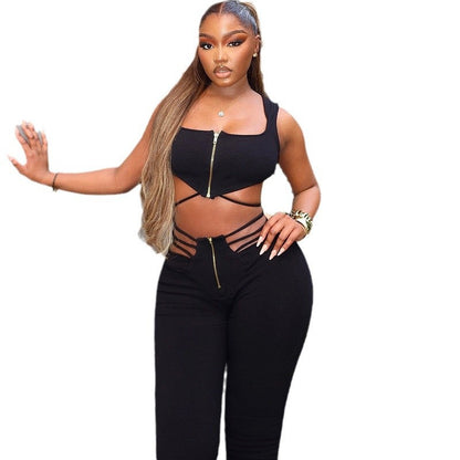 Sexy Black Sleeveless Top And High-Waisted Leggings Set