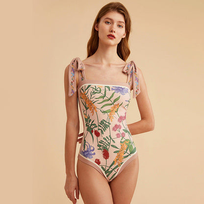 Double Fabric Vintage Print Swimsuit One-Piece Swimsuit Women