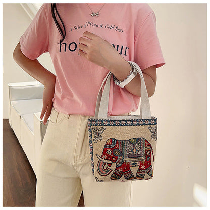 Ethnic Style Elephant Embroidered Canvas Tote Bag for Everyday Use