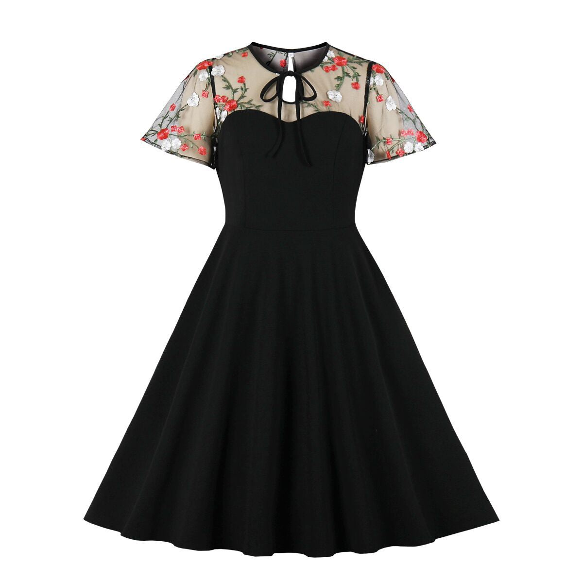 Vintage Polka Dot Pleated Dress Black Embroidery Elegant Style