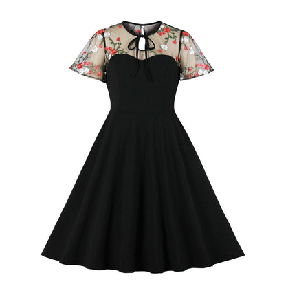Vintage Polka Dot Pleated Dress Black Embroidery Elegant Style