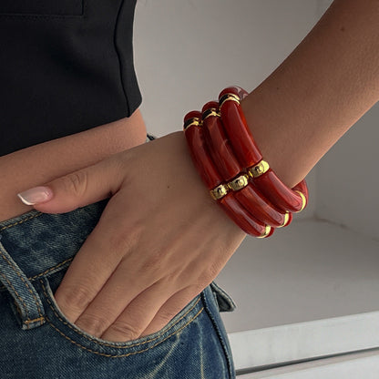 Trendy Beaded Bamboo Bracelets Set With Metallic Curved Tube Design