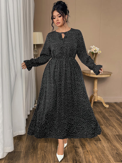 Plus Size Polka Dot Chiffon Dress with Flared Sleeves