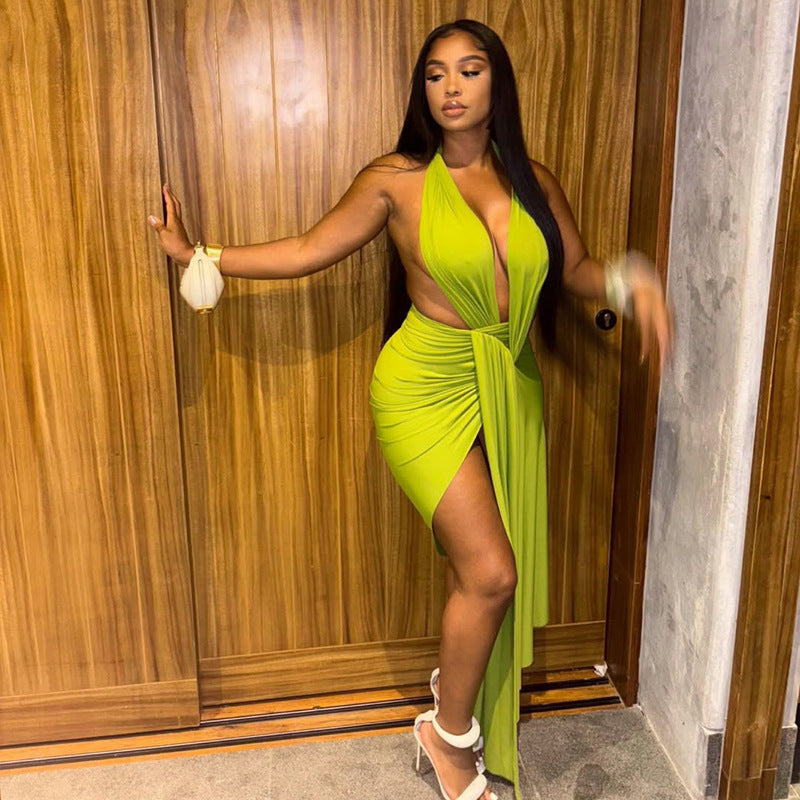 Bodycon Solid Color Wrap Dress With Neck Tie And V Neckline