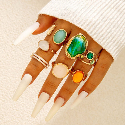 Retro Geometric Adjustable Ring Set With Gemstone Inlays
