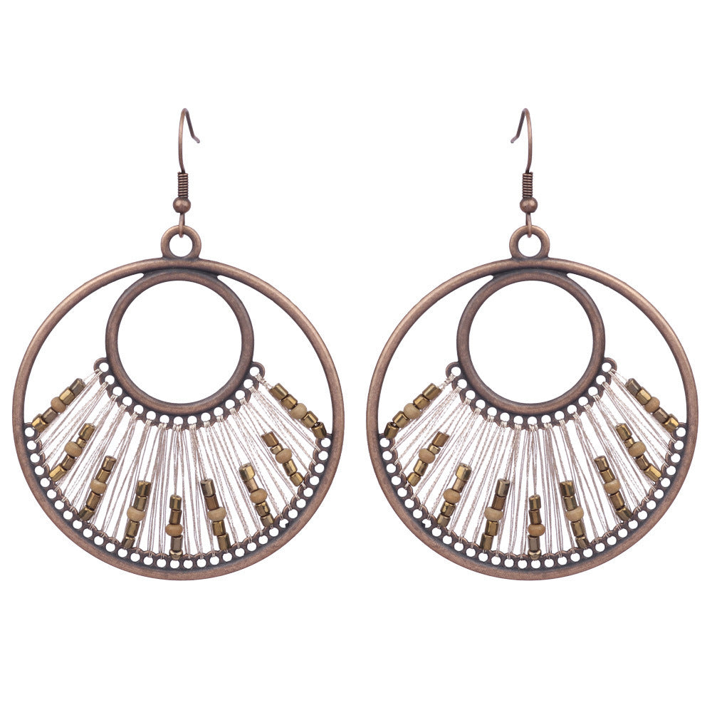 Exaggerated Vintage Geometric Wooden Earrings with Tassel and Bell