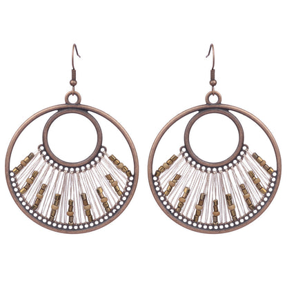 Exaggerated Vintage Geometric Wooden Earrings with Tassel and Bell
