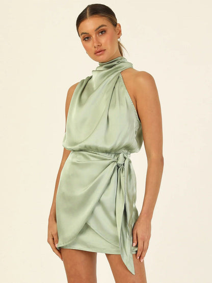 Elegant Satin Halter Dress with High Waist Design