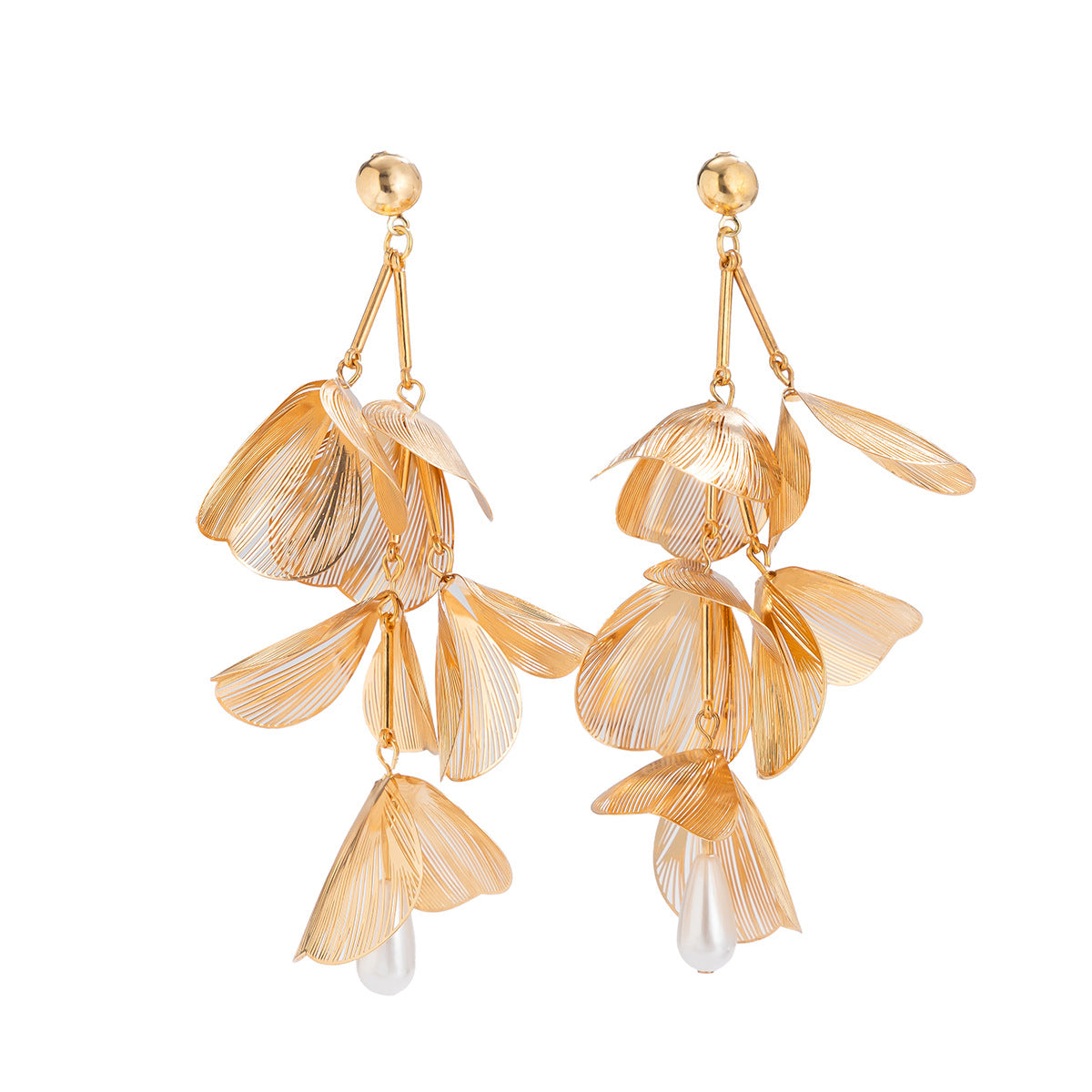Metallic Ginkgo Leaf Stud Earrings With Flower Design