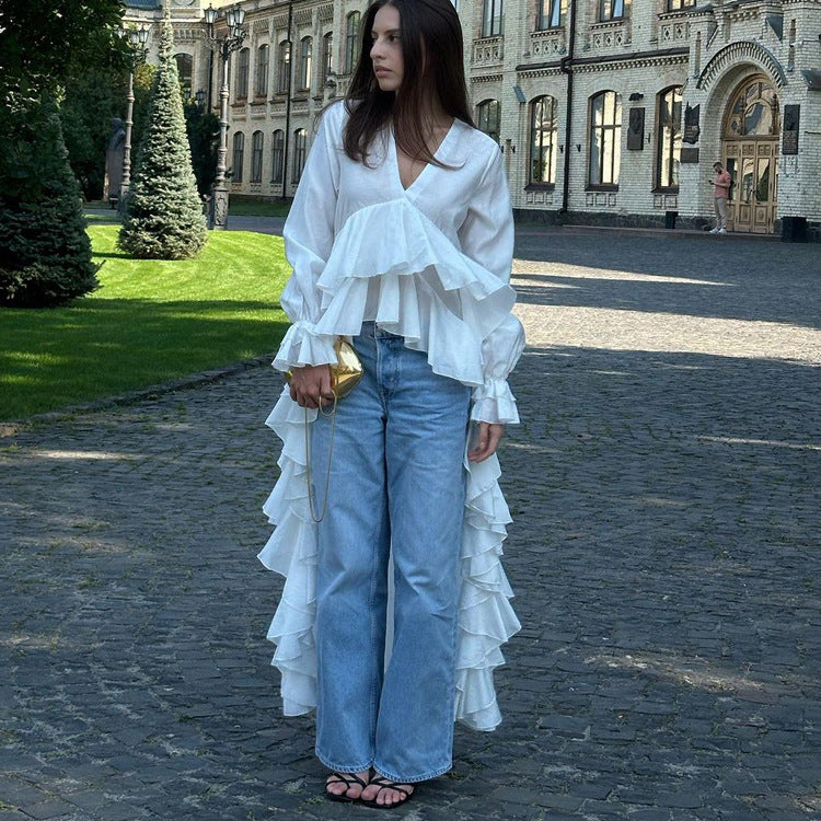 Ruffled Edge V-Neck Blouse with Bell Sleeves