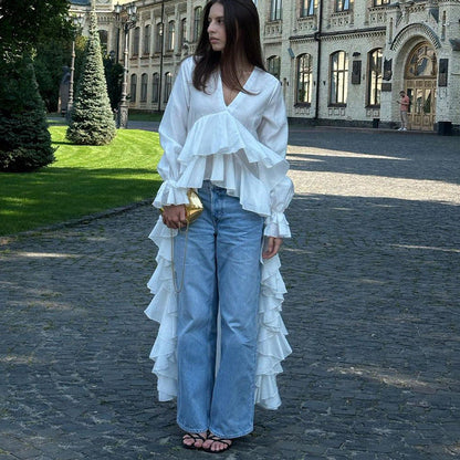 Ruffled Edge V-Neck Blouse with Bell Sleeves