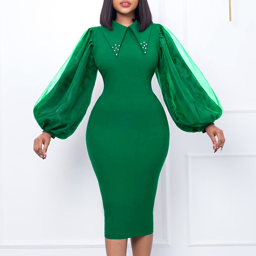 Pencil Skirt Dress With Beading And Mesh Panel