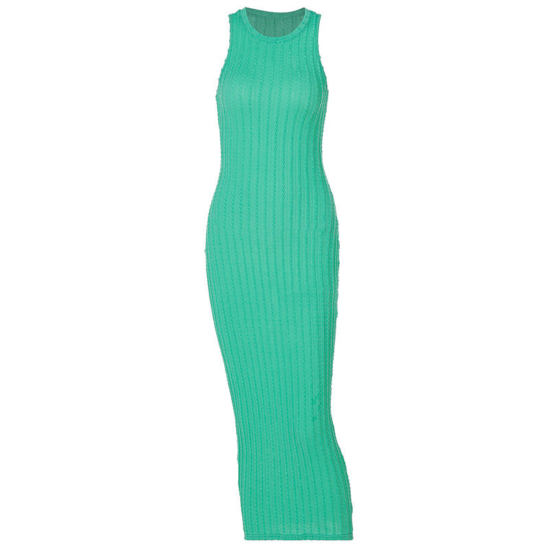 Casual Sleeveless Knitted Dress with Round Neck in Sky Blue