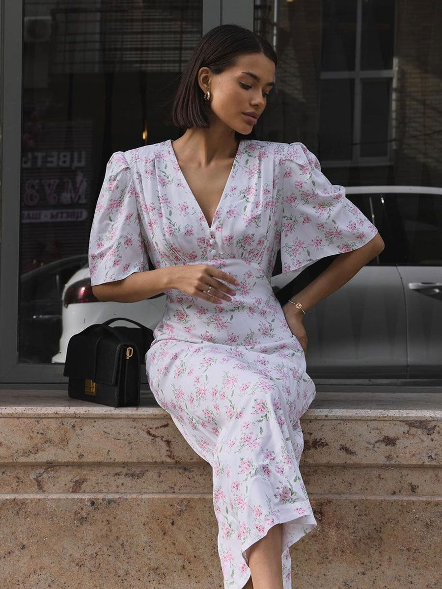 Floral Maxi Dress V-Neck Short Sleeve Elegant Casual