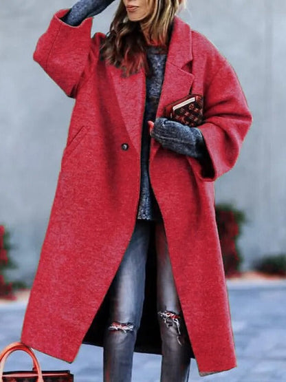 Classic Long Solid Color Wool Blend Coat For Women