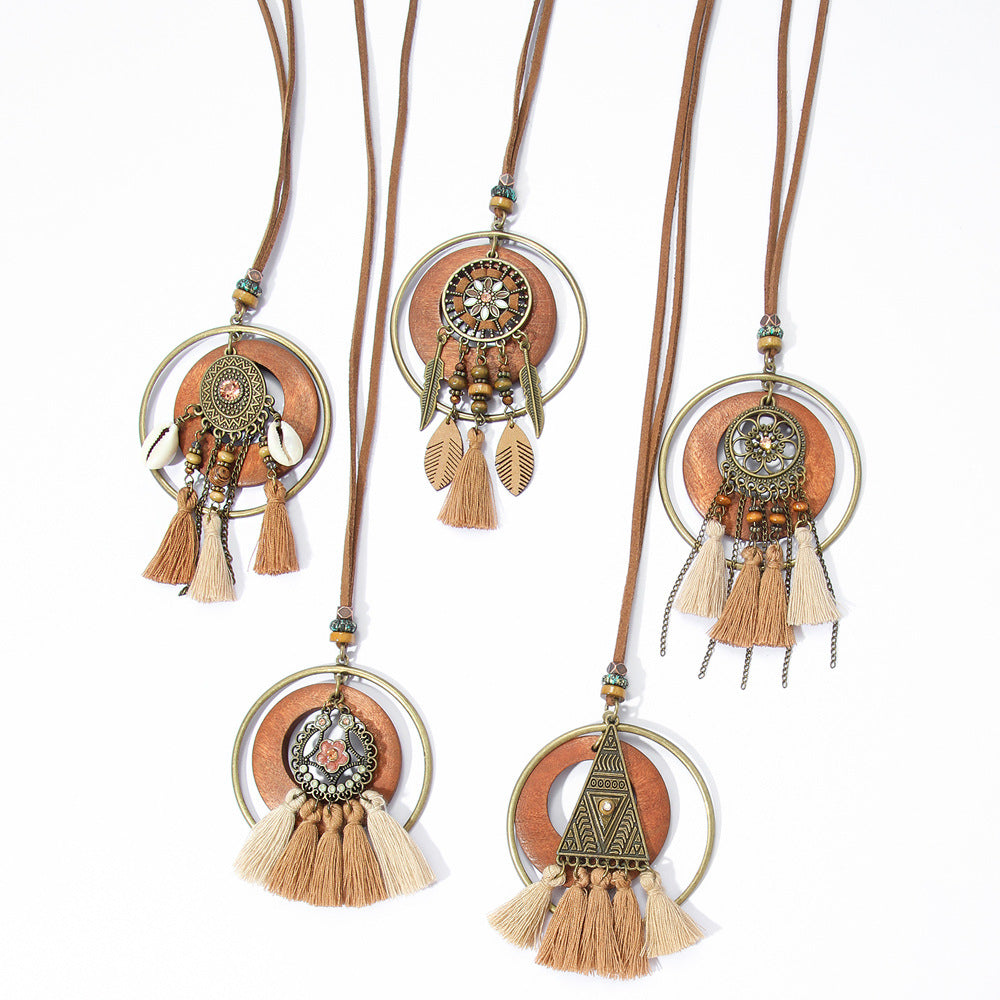 Bohemian Long Necklace with Tassels and Geometric Shapes