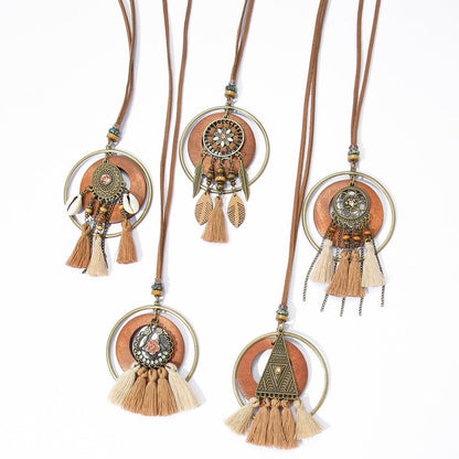 Bohemian Long Necklace with Tassels and Geometric Shapes