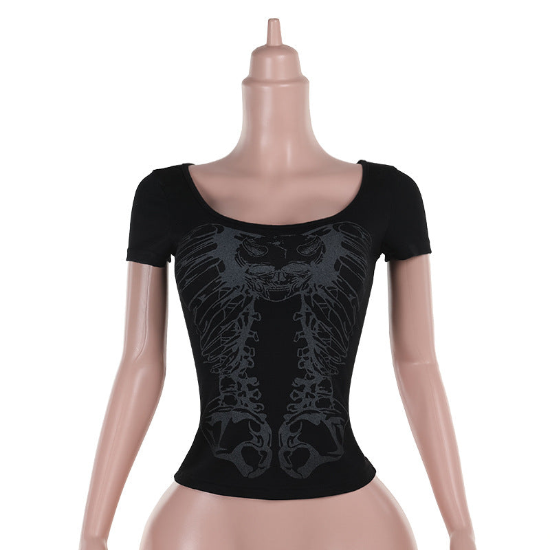 Skull Print Backless Hollow Short Sleeve T-Shirt for Women