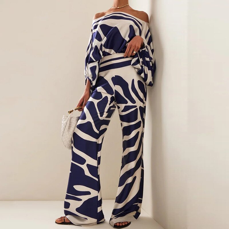2025 Spring New Suit Printed Round Neck Loose Bat Sleeve Waist Wide Leg Pants Fashion Suit
