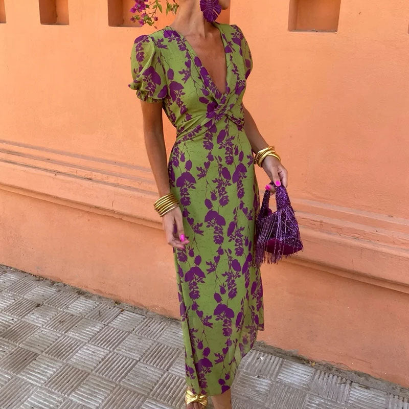 Color Block Floral Maxi Dress Elegant Fit Short Sleeve Dress