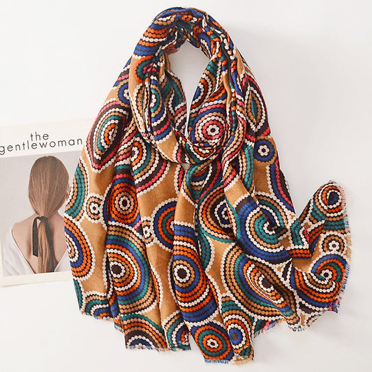 Vintage Ethnic Style Cotton Linen Hand Feel Towel Fashion Color Circle Raw Trim Shawl Woman