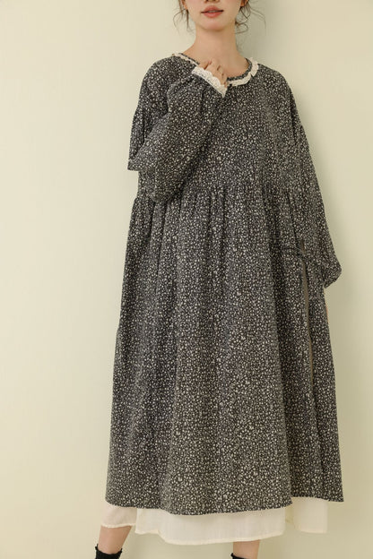 Floral Print Long Sleeve Cotton Linen Dress