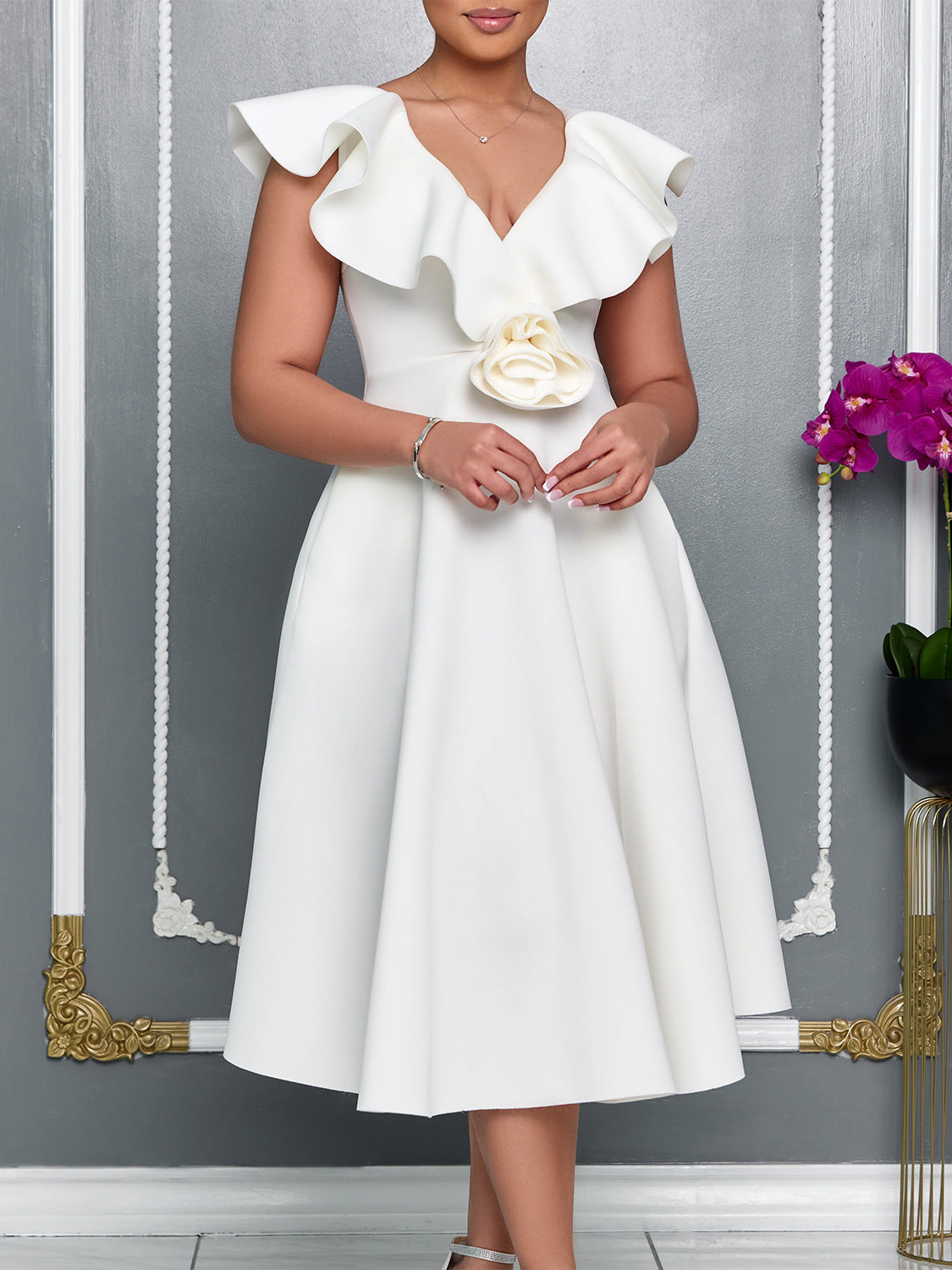 V-Neck Ruffle Floral Dress Elegant Evening Gown