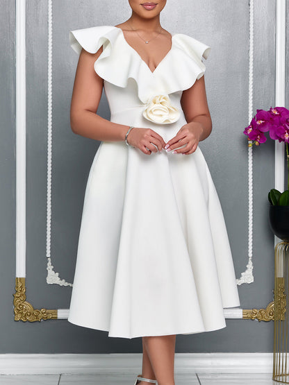 V-Neck Ruffle Floral Dress Elegant Evening Gown