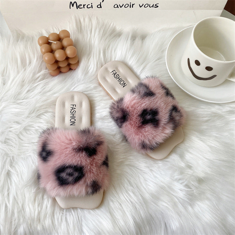 Fuzzy Faux Fur Leopard Print Slippers