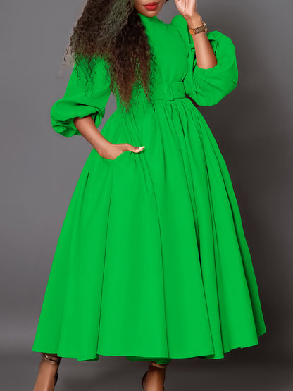 Elegant High Neck Long Sleeve Dress With Belt