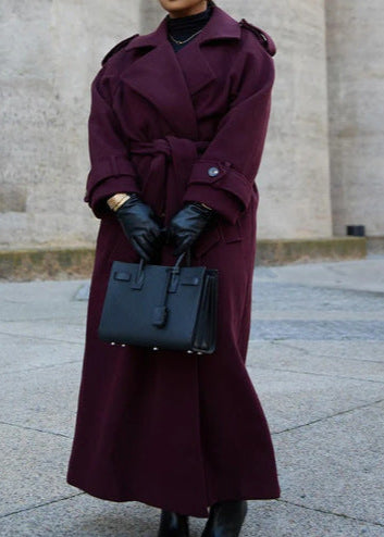 Double Breasted Belted Trench Coat Burgundy Fabric