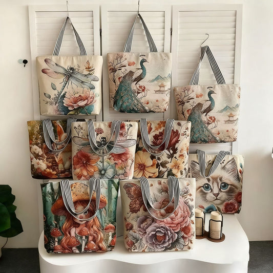 Embroidered Canvas Tote Bag with Floral Patterns