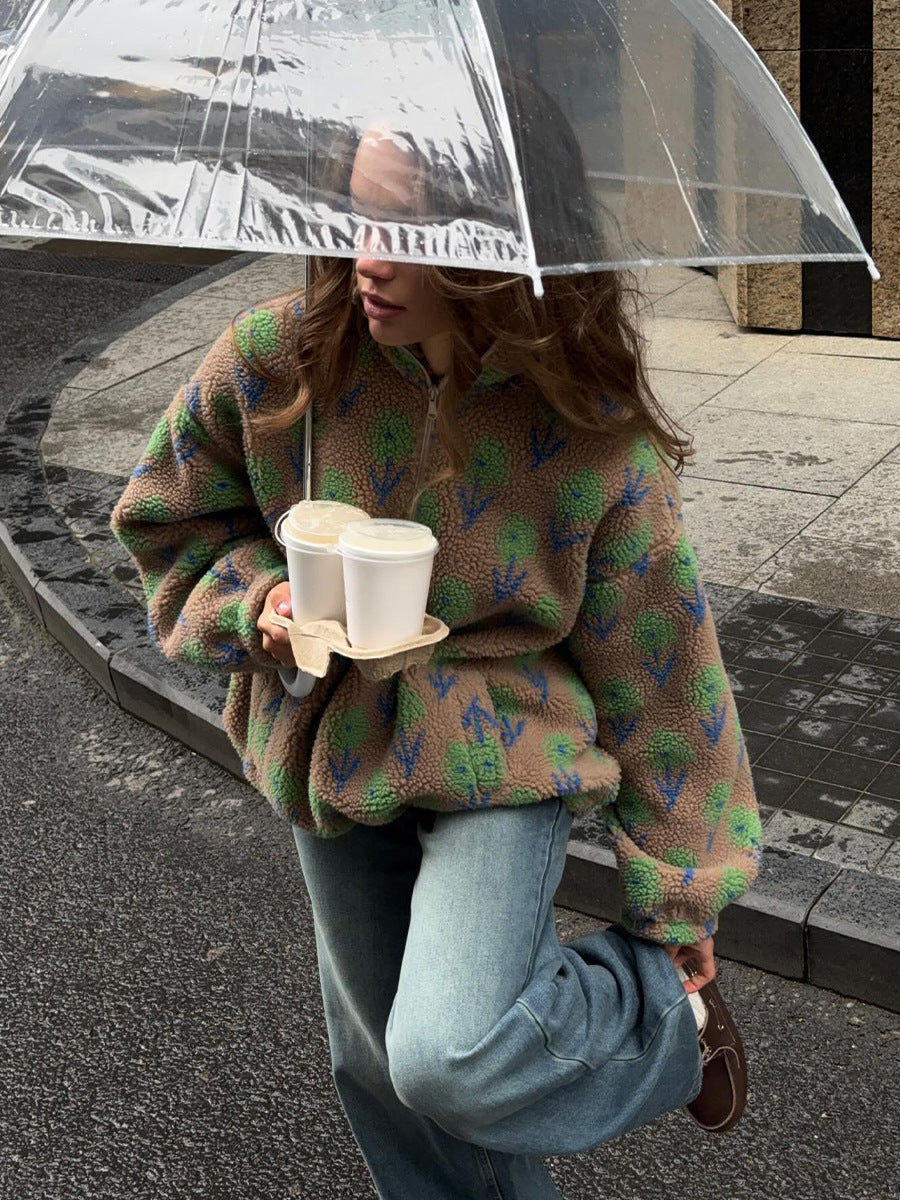 Floral Print Half-Zip Pullover Sweatshirt