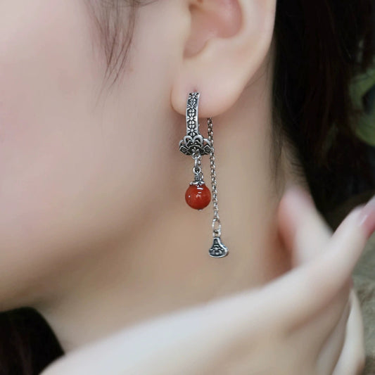 925 Silver Retro New Tibetan Style Tassel Asymmetric Earrings Women'S Niche Design